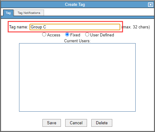 Screenshot showing tag name field