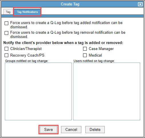 Screenshot showing tag notification settings