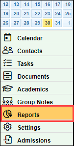 Screenshot showing Reports menu item