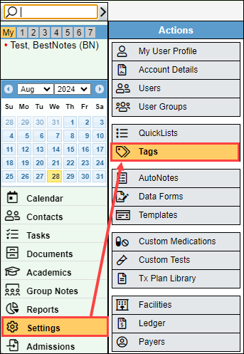 Screenshot showing Settings menu with Tags selected