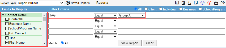Screenshot showing report builder with specified fields and filter criteria