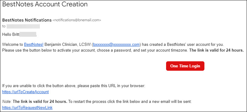 BestNotes Account Creation email with login link