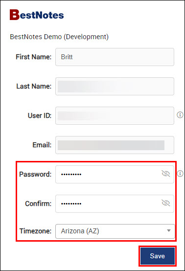 Set password and time zone screen