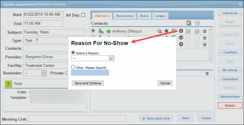Selecting the 'No Show' option
