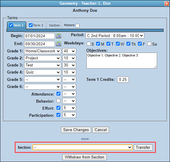 Select new section and Transfer button