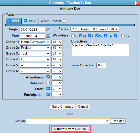 Withdraw from Section button