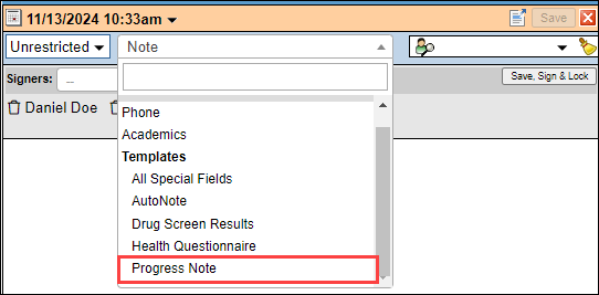 Selecting a template note