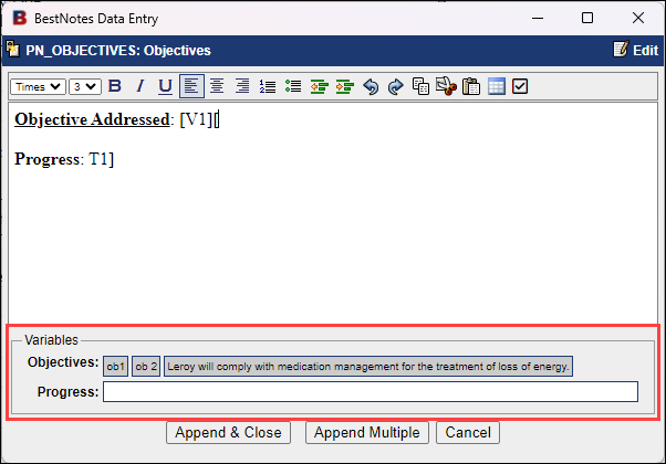 Variables section of AutoNote window