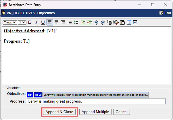 Append & Close button