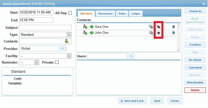 Appointment details dialog showing confirm star button