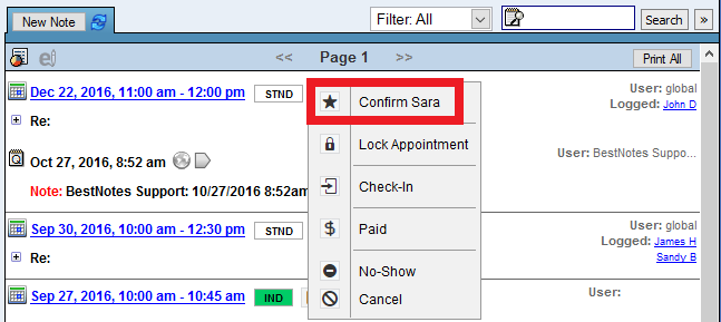 Activity log showing confirm button for an individual contact