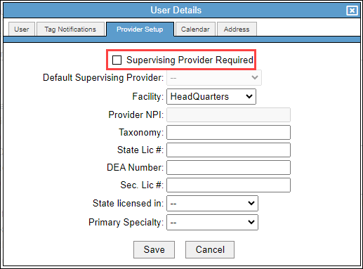 Supervising Provider Required checkbox and options