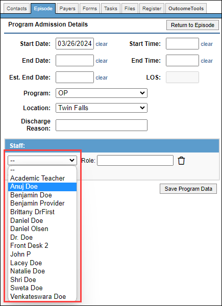 Staff drop-down menu