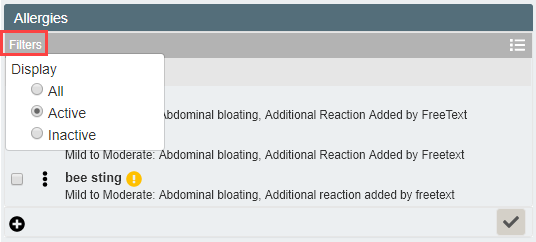 Allergies widget with Filters dropdown showing All, Active, Inactive options
