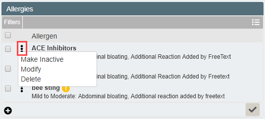 Allergies widget showing ellipsis menu with Make Inactive, Modify, Delete options
