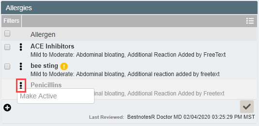 Inactive allergy with ellipsis menu showing Make Active option