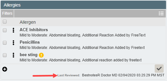 Allergies widget showing 'Last Reviewed by' message