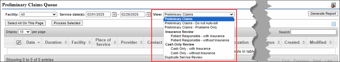 View drop-down menu