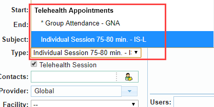 Appointment Type dropdown with Telehealth Appointments selected