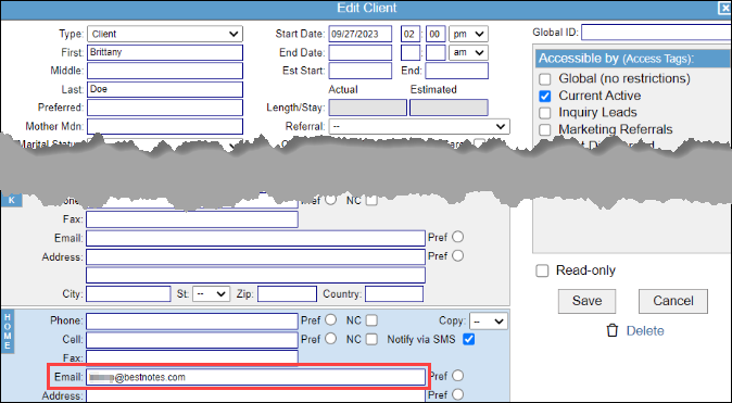 Edit client screen with email field