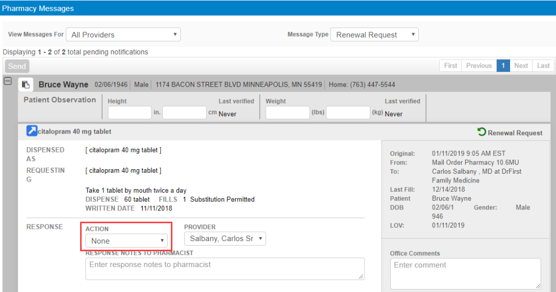 Select action for renewal request