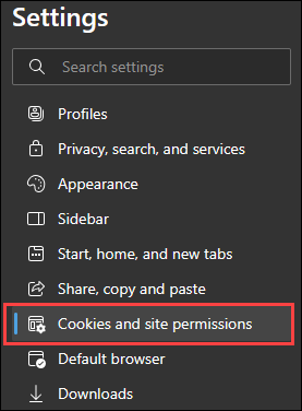 Microsoft Edge Cookies and site permissions option