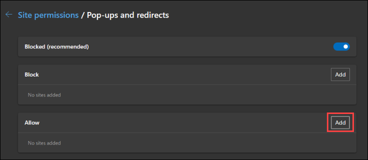Microsoft Edge Pop-ups and redirects Allow section with Add button