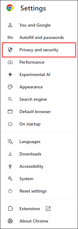 Privacy and Security section in Chrome settings