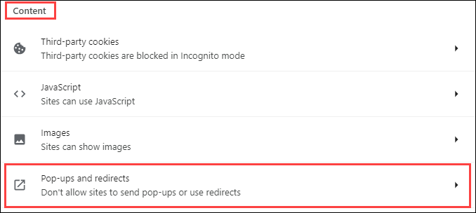 Pop-ups and redirects option