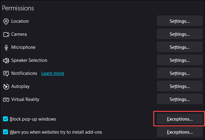 Firefox pop-up blocker exceptions button