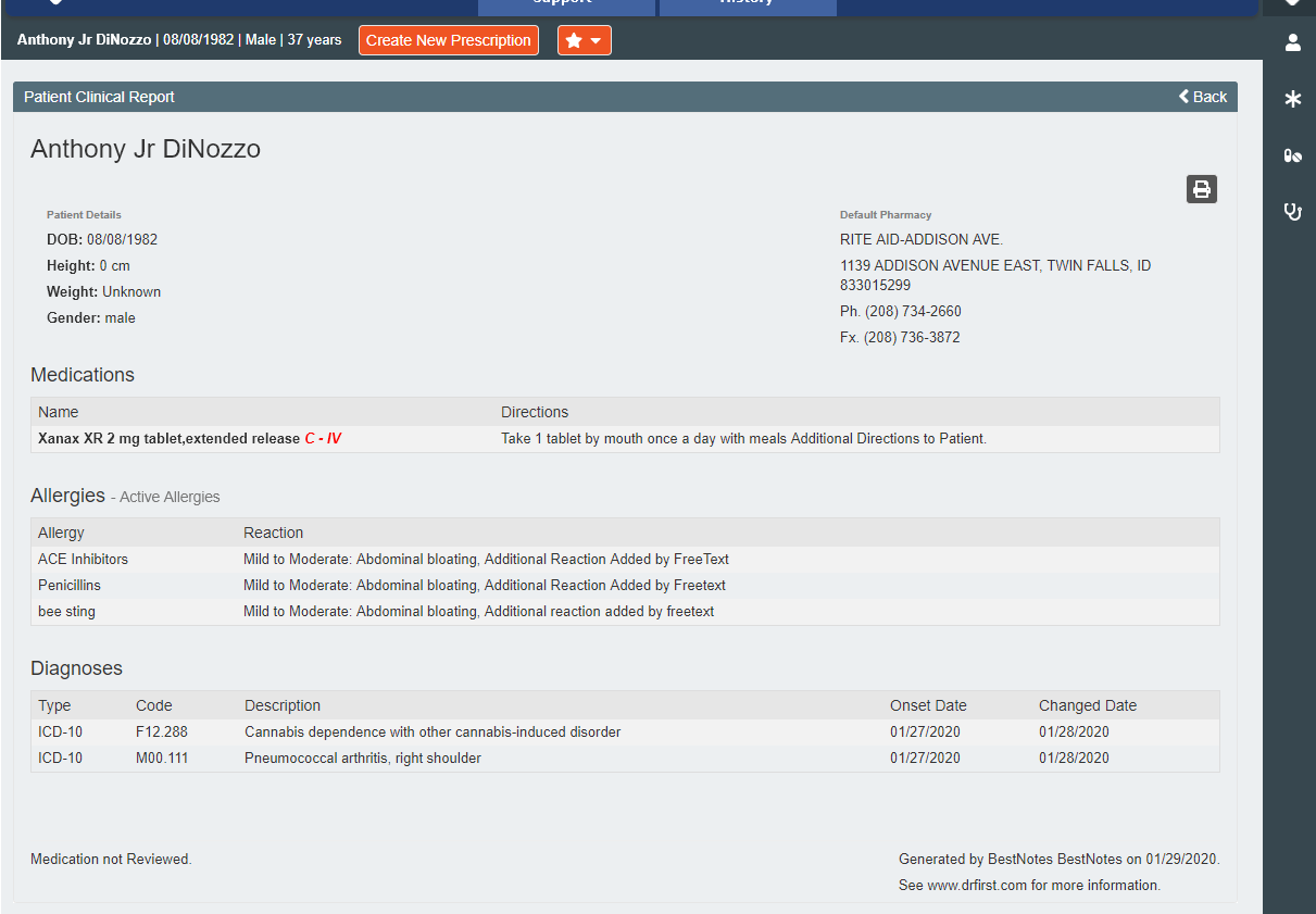 Patient Clinical Report displayed