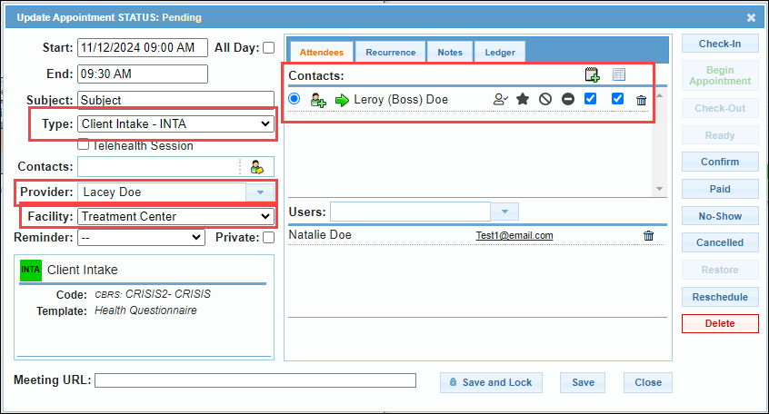 Appointment details with Type, Provider, and Facility highlighted