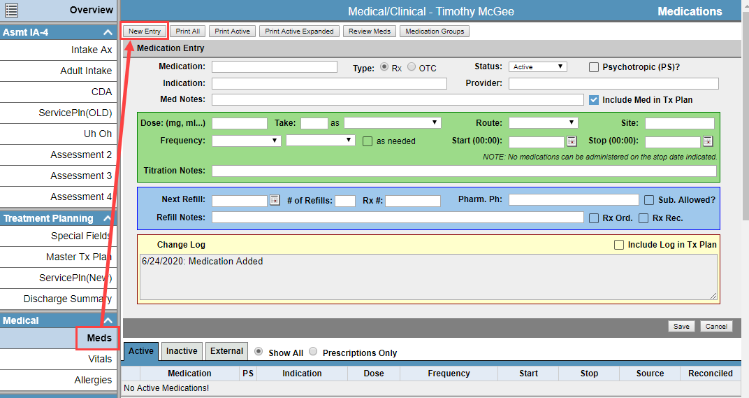 Creating a new medication entry showing custom medications available.