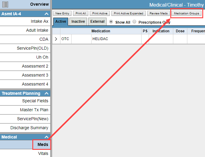 Location of the Medication Groups button in Med/Clinical.