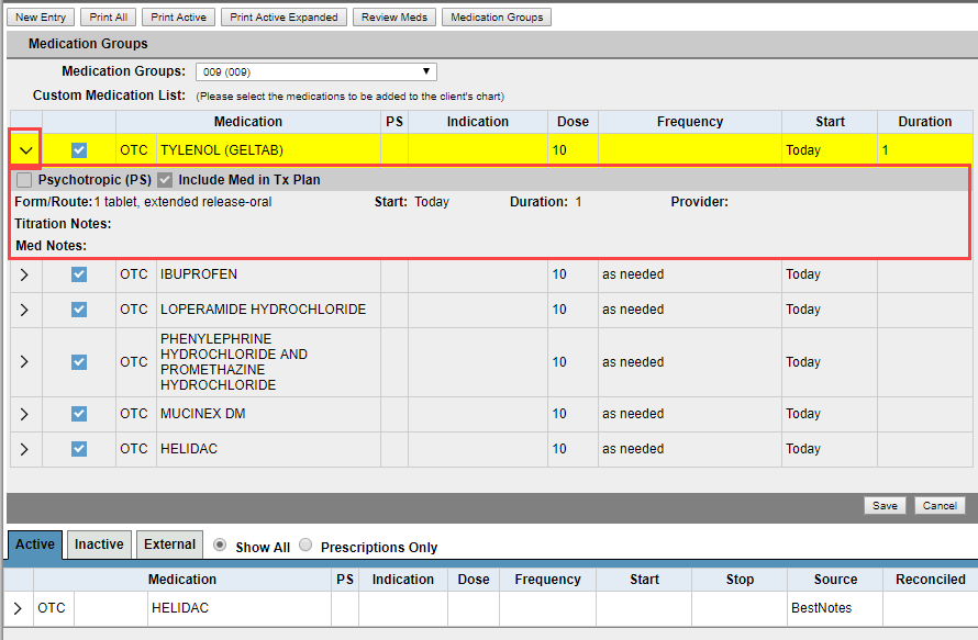 Viewing details of medications within a Medication Group.