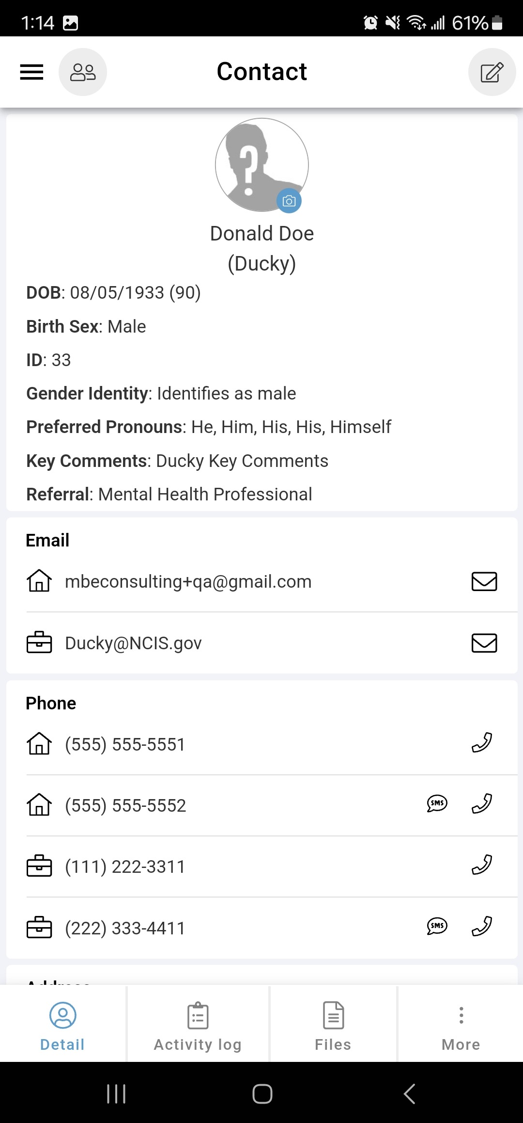 Screenshot showing the activity log button on a contact's chart.