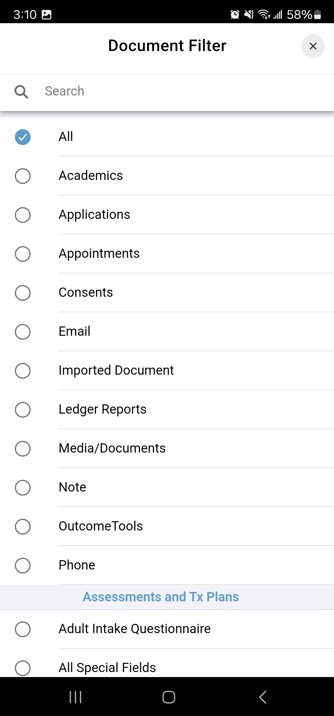 Screenshot showing the filter icon and options to filter by document type.