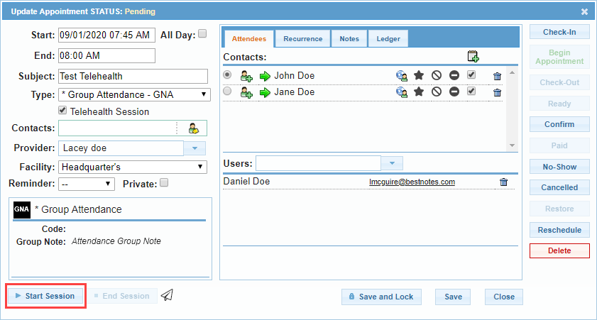 Screenshot showing 'Start Telehealth Session' button