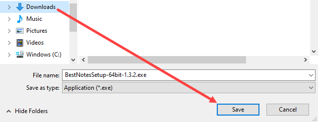 Screenshot showing the option to save the BestNotes Setup file.
