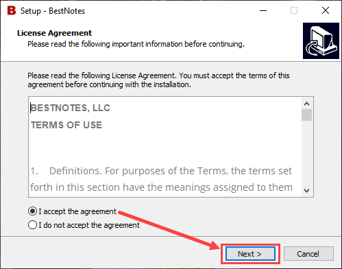 Screenshot of the BestNotes Setup wizard, showing the 'I accept the agreement' option.