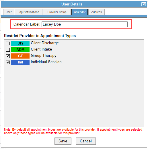 Screenshot showing the Calendar Label field