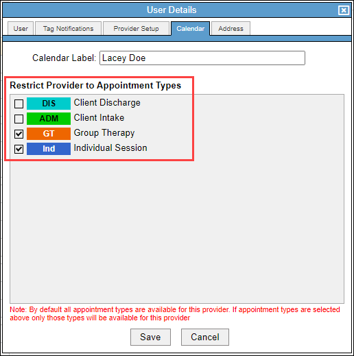 Screenshot showing the Restrict Provider to Appointment Types section