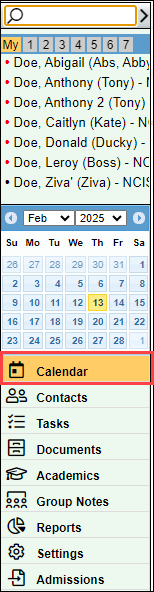 Calendar menu item selected