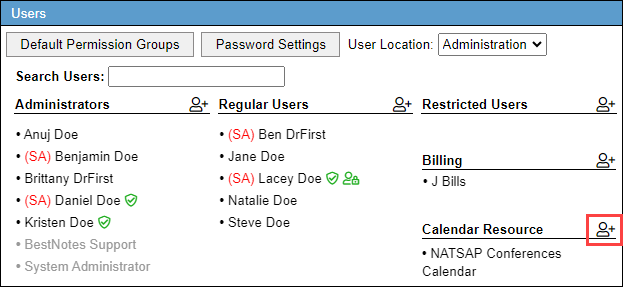 Screenshot of Add User icon next to Calendar Resource label