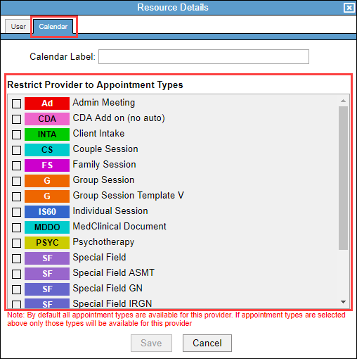 Screenshot of Calendar tab for appointment type restrictions