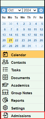 Screenshot showing the Admissions button