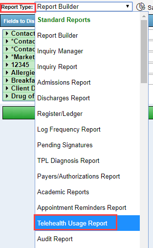 Screenshot showing navigation to the Telehealth Usage Report under the Reports tab.