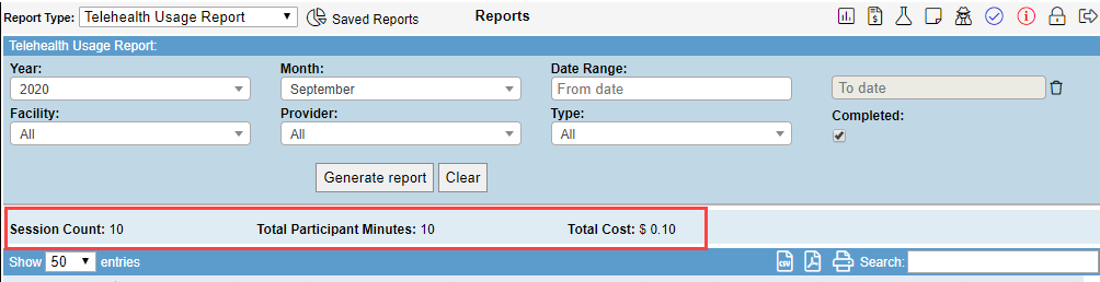 Screenshot of the Telehealth Usage Report header showing 'Sessions', 'Participant Minutes', and 'Total Cost' summaries.