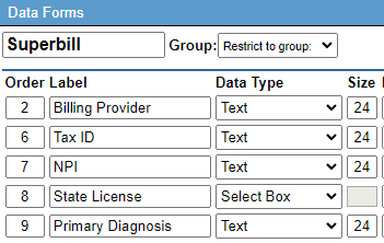 Superbill Data Form fields