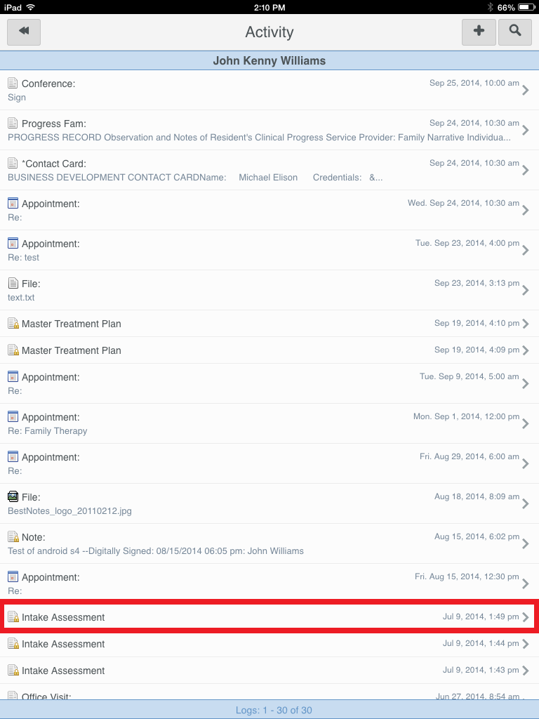 Screenshot of a client's activity log with a note open.